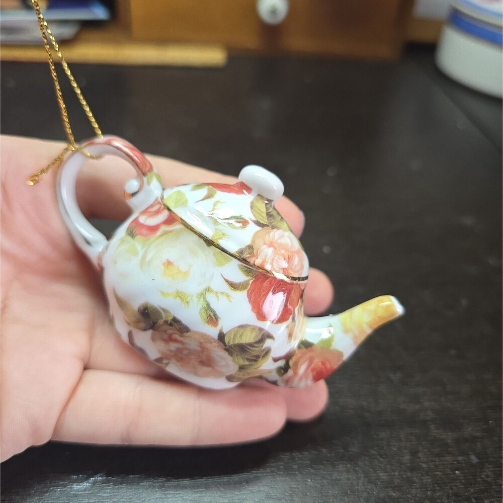 Vintage Miniature Floral Rose Teapot Ceramic 4" x 1" With Gold Accents Ornament